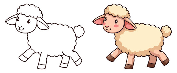 Cartoon sheep Line Art Vector Outline Illustration Black and White with Coloring Sample © Crafter
