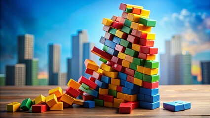 Fototapeta premium Business Failure: Precarious Tower of Blocks Crumbling, Concept of Challenge and Risk