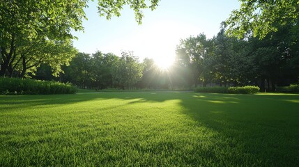 A tranquil green landscape bathed in sunlight, showcasing lush grass and surrounding trees, perfect for relaxation and nature appreciation.