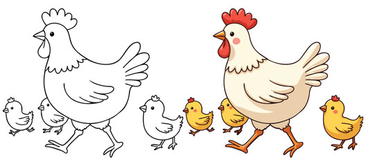 Hen and Chicks Line Art Vector Outline Illustration Black and White with Coloring Sample