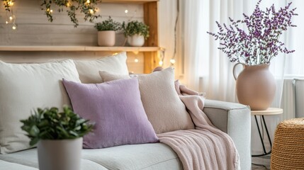 Cozy living room with sofa pillows and decorative elements