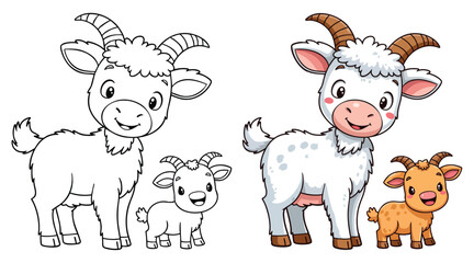 Obraz premium Farm animals goat Line Art Vector Outline Illustration Black and White with Coloring Sample
