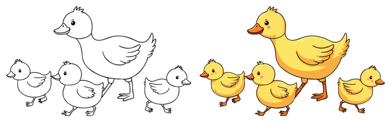 Duck Line Art Vector Outline Illustration Black and White with Coloring Sample