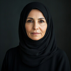 Naklejka premium Studio headshot portrait of a middle-aged Emirati woman wearing a black hijab.