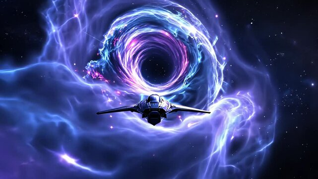 Futuristic spaceship flying through a swirling cosmic vortex, entering a new dimension. Concept of space-time travel and interdimensional exploration