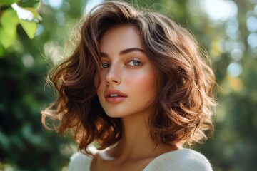 Naklejka premium Young caucasian woman with wavy hair in sunlit forest setting