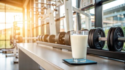 Refreshing protein shake on a table in a bright gym setting with weights in the background