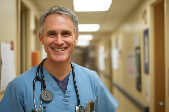 Smiling caucasian male doctor in hospital corridor with stethoscope