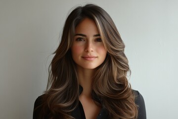 Naklejka premium Young caucasian female with long brown hair smiling against neutral background