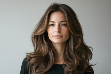 Naklejka premium Young caucasian adult female with long brown hair in simple black top