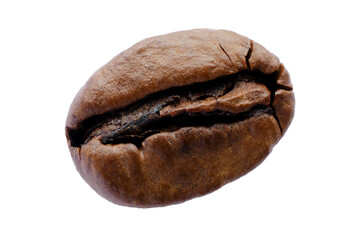 Macro shot of a single coffee bean isolated on a white background, top view. Top view of coffee bean isolated on white background. Coffee bean isolated on white background.