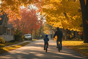 Father and son biking on a scenic autumn street with colorful trees