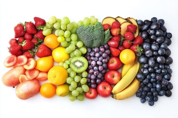 Colorful assortment of fresh fruits and vegetables displayed on white background