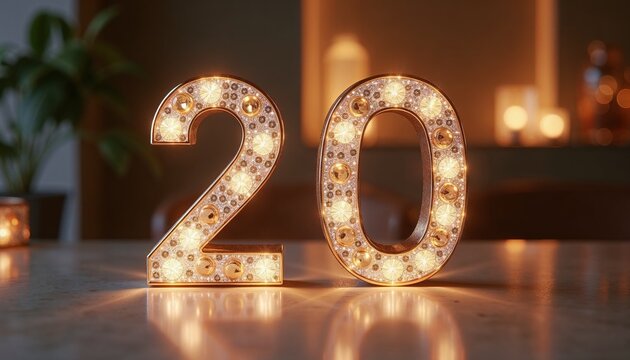 Decorative illuminated number twenty on the festive background with warm lights and soft focus for celebration concept