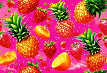vivid display gravity defying fruits floating vibrant colorful background eye catching design, apple, orange, banana, kiwi, berry, citrus, tropical, fresh