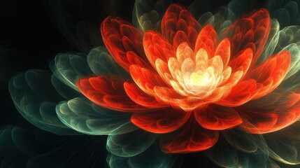 Red fractal lotus, dark background, art print