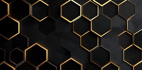 Modern minimalist abstract Black background with golden hexagons for luxury branding, featuring clean lines