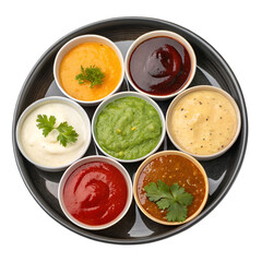 Variety of sauce in a bowl top view png collection of different dipping sauces, colorful and tasty isolated on white background