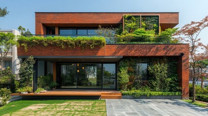 Modern brick house with green wall and roof garden
