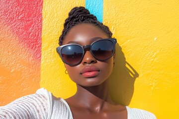 African young female with sunglasses posing against vibrant yellow and red wall