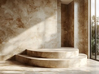 Minimalist Ceramic Podium Against Textured Beige Background for Elegant Product Display and Presentation