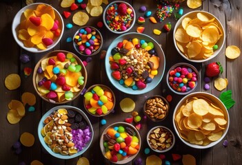 Fototapeta premium vibrant snack bowls overflowing colorful treats delicious delights fun sharing experience, dessert, assortment, fruit, candy, chocolate, chips, nut