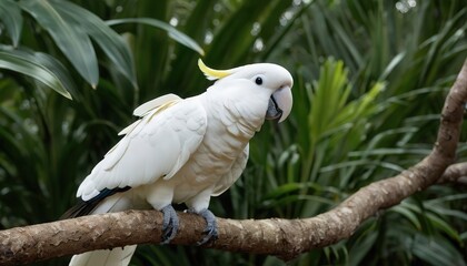 Bright white cockatoo perched on a branch amidst lush greenery in a tropical habitat during daytime