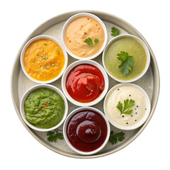Variety of sauce in a bowl top view png collection of different dipping sauces, colorful and tasty isolated on white background