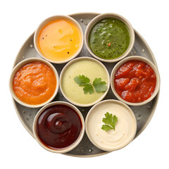 Variety of sauce in a bowl top view png collection of different dipping sauces, colorful and tasty isolated on white background