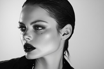 Young caucasian female with wet hair and dramatic makeup in black and white portrait