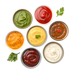 Variety of sauce in a bowl top view png collection of different dipping sauces, colorful and tasty isolated on white background