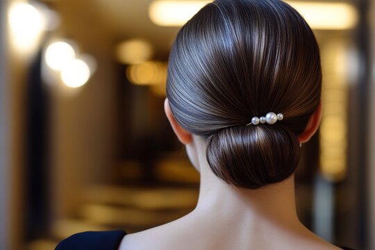Elegant updo with pearl hairpin on female with smooth brown hair in formal setting