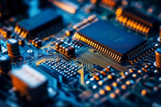 Close-up of circuit board with microchips and electronic components