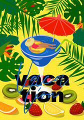 Woman in swimsuit enjoying martini by pool surrounded by tropical foliage and fresh fruit. Vibrant summer vibes with focus on relaxation and vacation fun. Ideal for summer party and travel themes. Eps