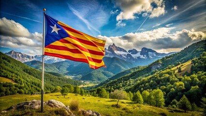 Catalonia Landscape: Senyera Flag Waving in Majestic Pyrenees Mountains