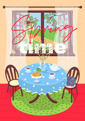 Cozy indoor spring scene with table set for tea or coffee. Warm countryside interior with floral decor and soft morning light. Creative drawing art poster with breakfast, teatime and relaxation theme