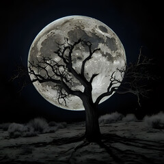 tree, night, moon, breeze, dark, plant, dry art