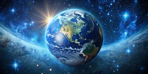 Fototapeta premium Celestial Earth: Blue and White Planet with Starry Night Background