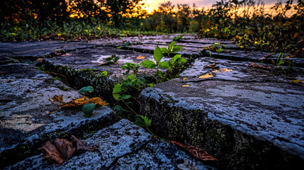 Naklejka premium Overgrown stone pathway at sunset, showcasing nature reclaiming urban space with vibrant foliage