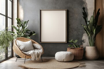 Mock up frame in children room with natural wooden furniture, 3D render