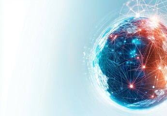 An Abstract background with global network concept featuring interconnected figures and digital globe. This conveys sense of connectivity and innovation