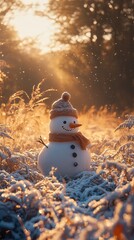 Fototapeta premium A charming snowman stands in a frosty field. The sun creates a magical glow behind him. Winter beauty unfolds in this serene landscape. Generative AI.