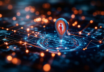 Digital location pin icon with business person, representing navigation and technology. vibrant colors and glowing elements create futuristic atmosphere