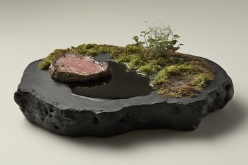 A rare-cooked gourmet steak elegantly plated on a black volcanic stone with moss, microgreens, and a dark sauce, creating a nature-inspired culinary presentation.