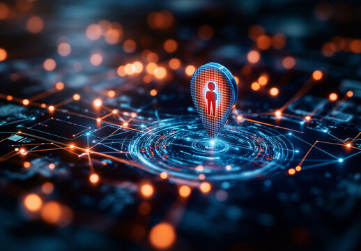 Digital location pin icon with business person, representing navigation and technology. vibrant colors and glowing elements create futuristic atmosphere
