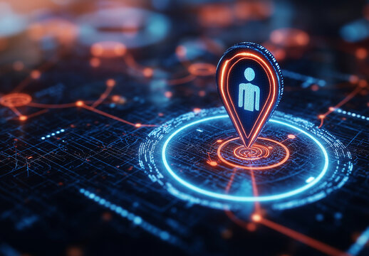 Digital location pin icon with business person on futuristic background, representing navigation and technology. This conveys sense of connectivity and modernity