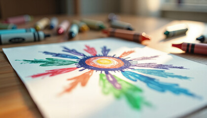 Cheerful Child's Crayon Sunburst Drawing with Creative Materials