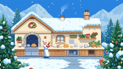 Pixel Art Cozy Winter Bakery in Snowy Landscape with Chef and Delicious Treats
