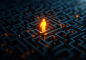 glowing figure stands in center of complex maze, symbolizing guidance and exploration. intricate pathways create sense of challenge and discovery