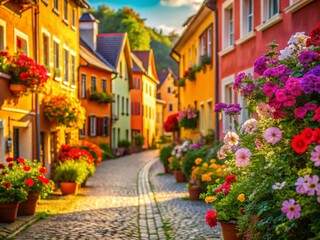 Fototapeta premium Charming Colorful Houses, Flower-Lined Street, Bokeh Background, Picturesque Neighborhood